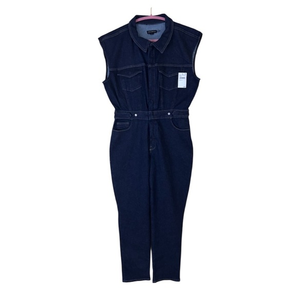 NWT Good American Indigo Trucker Sleeveless Collar Zip/Button Denim Jumpsuit (L) - Picture 2 of 16